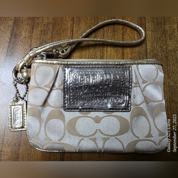 Coach Gold and Tan Wristlet - Picture 1 of 8